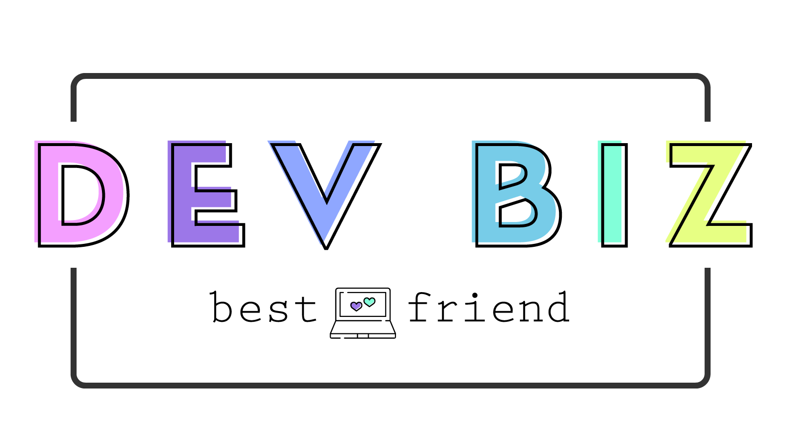 Dev Biz Best Friend logotype with line icon of open laptop with two colorful hearts on the screen